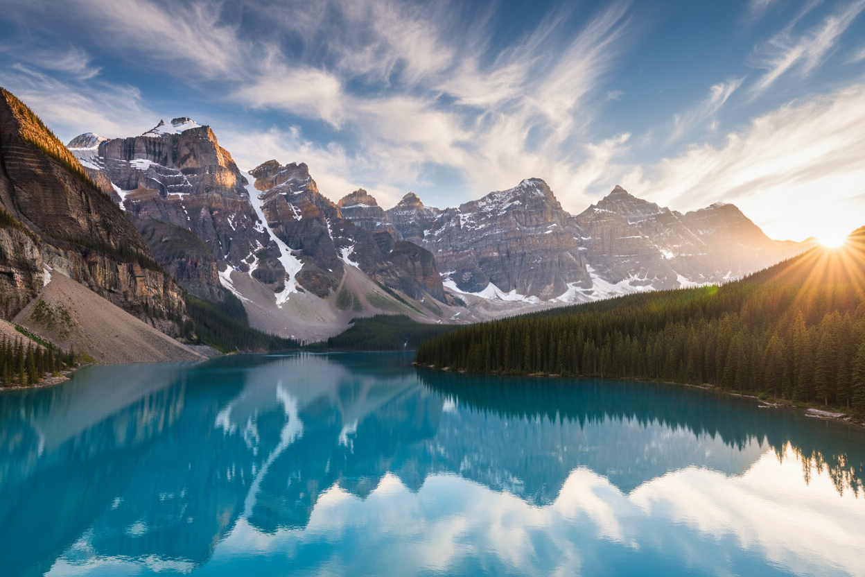 Iconic Alberta scenery with Rocky Mountains and turquoise lake